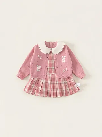 Girls Pink Cardigan Sweater And Plaid Dress Set Preppy Peter Pan Collar Rabbit Bow Kids Sweet Clothing Outfit For Spring