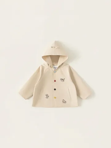 Giacca da Bambino in Cotone Con Cappuccio Cappotto Casual Primavera Autunno Con Ricamo Animale Cartone Animato e Bottoni Colorati