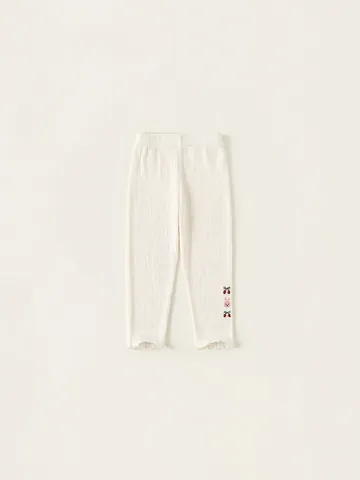Leggings in Maglia a Costine da Ragazza Ricamo a Ciliegia e Coniglio Bordo a Volant Pantaloni a Vita Elastica Quotidiani Primaverili