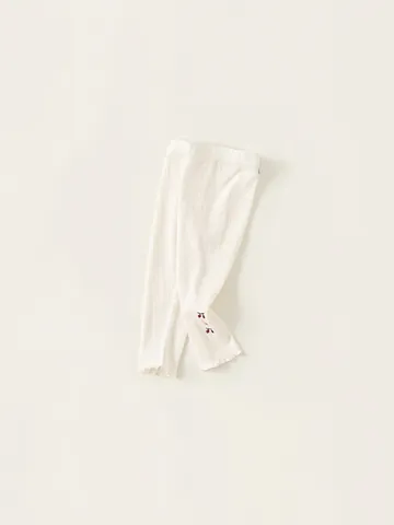 Leggings in Maglia a Costine da Ragazza Ricamo a Ciliegia e Coniglio Bordo a Volant Pantaloni a Vita Elastica Quotidiani Primaverili