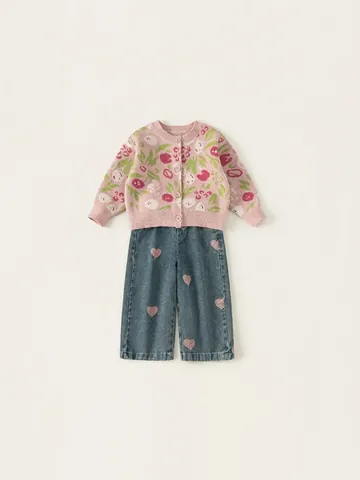 Sweet Girls Floral Rabbit Hair Knit Cardigan And Heart Embroidered Denim Pants Outfit Toddler Autumn Spring Clothing
