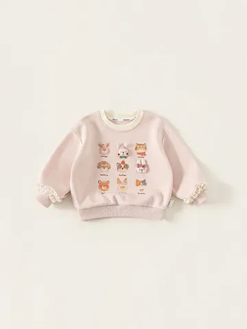 Girls Cartoon Animal Print Sweatshirt And Denim Jeans Set Lace Cuffs Long Sleeve Round Neck Casual Clothing For Kids