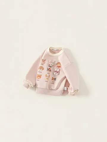 Girls Cartoon Animal Print Sweatshirt And Denim Jeans Set Lace Cuffs Long Sleeve Round Neck Casual Clothing For Kids