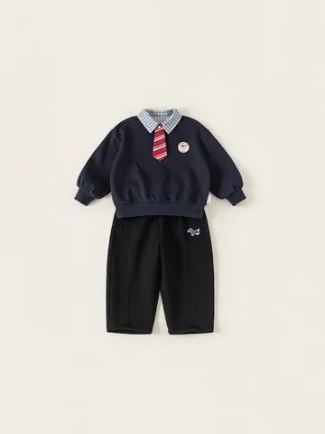 Boys Academy Style Clothing Set Cotton Fake Two Piece Sweatshirt And Casual Pants Kids Uniform Suit With Tie Embroidery