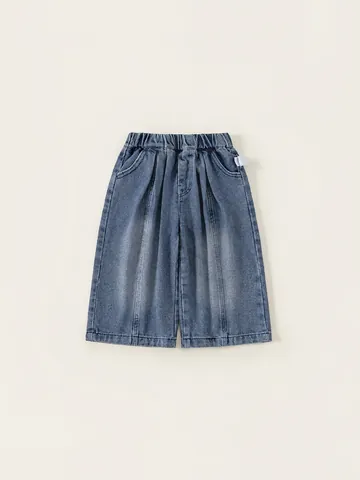 Kids Girls Denim Wide Leg Pants Elastic Waist Solid Color Soft Cotton Blend Jeans Spring Autumn Children Straight Trousers