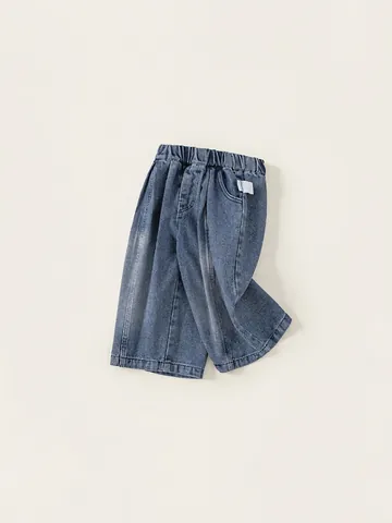 Kids Girls Denim Wide Leg Pants Elastic Waist Solid Color Soft Cotton Blend Jeans Spring Autumn Children Straight Trousers