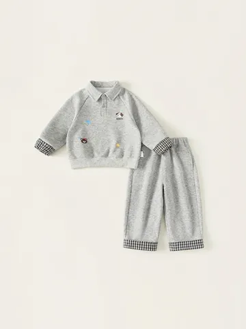 Ensemble Décontracté Garçon Haut Polo Manches Longues Gris Chiné et Pantalon à Carreaux en Coton avec Broderie Dessin Animé