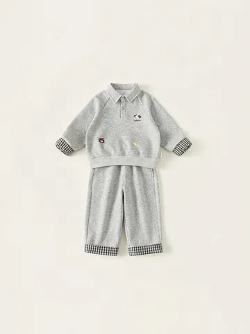 Ensemble Décontracté Garçon Haut Polo Manches Longues Gris Chiné et Pantalon à Carreaux en Coton avec Broderie Dessin Animé