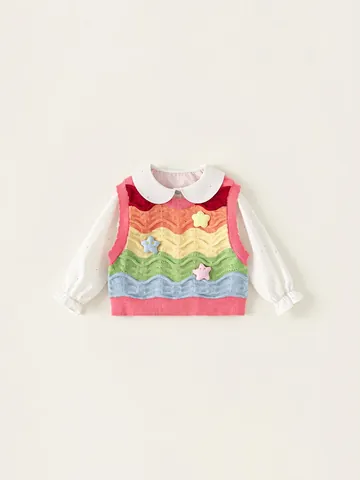 Meisjes Regenboog Golfstrepen Gebreide Vest en Wit Stippen Hemd 2-Delige Set Schattige Peter Pan Kraag Lange Mouwen Outfit