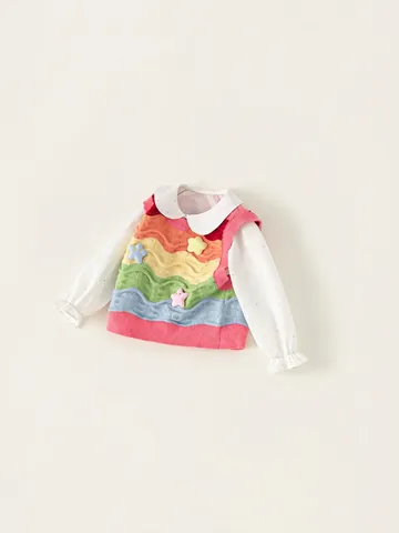 Meisjes Regenboog Golfstrepen Gebreide Vest en Wit Stippen Hemd 2-Delige Set Schattige Peter Pan Kraag Lange Mouwen Outfit