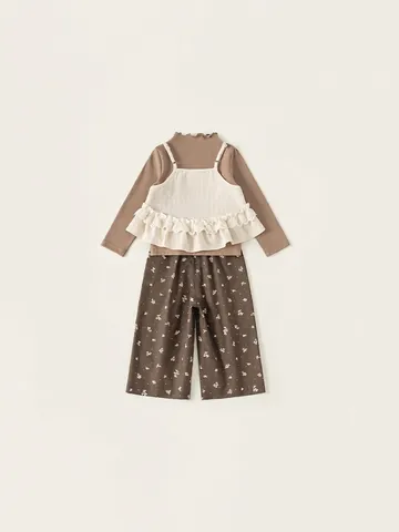 Meisjes 3-Delige Kledingset Mori Stijl Lange Mouwen Top Ruffle Cami Vest Bloemenprint Wijde Pijpen Casual Broek Kinderset