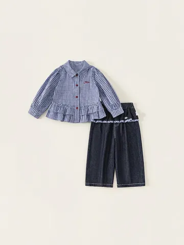 Completo Coordinato da Bambina con Camicia a Quadretti e Pantaloni in Denim con Bordo a Volant a Maniche Lunghe