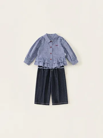 Completo Coordinato da Bambina con Camicia a Quadretti e Pantaloni in Denim con Bordo a Volant a Maniche Lunghe