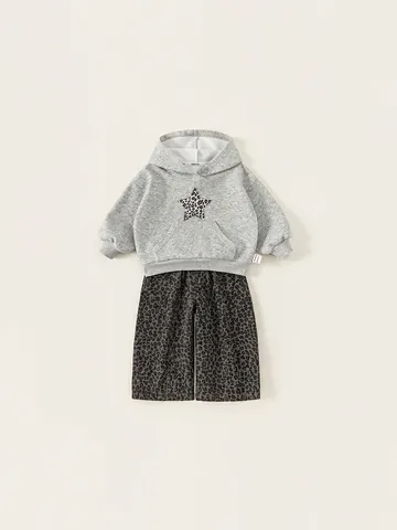 Peuter Kinderen Casual Outfit Set Luipaardprint Ster Hooded Sweatshirt Pullover Tops En Wijde Pijpen Broek Grijs