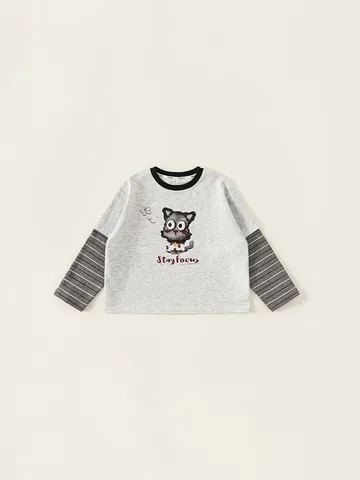 Kids Long Sleeve T-Shirt Fake Two Piece Striped Sleeves Cotton Casual Top For Boys Girls Cartoon Cat Printed Pullover