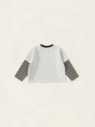 Kids Long Sleeve T-Shirt Fake Two Piece Striped Sleeves Cotton Casual Top For Boys Girls Cartoon Cat Printed Pullover