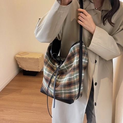 Bolso Tote de Lana a Cuadros Vintage para Mujer Gran Capacidad Bolso de Hombro de Tweed Ribete de Cuero Cordón Bolso Cubo