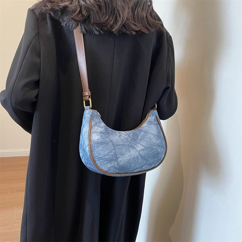 Vintage PU Leder Halbmond Hobo Schultertasche Für Damen Retro Patchwork Nähte Umhängetasche Verstellbarer Riemen Handtasche