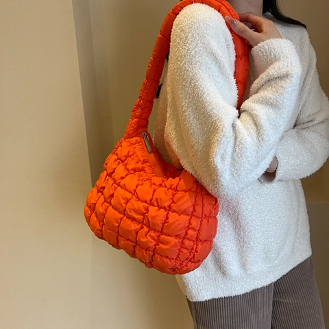 Women Quilted Puffy Shoulder Bag Lightweight Polyester Nylon Hobo Bag Solid Color Bubble Underarm Handbag For Daily Fashion