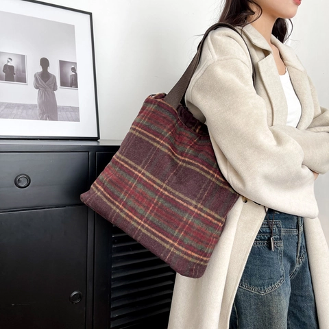 Borsa Tote Vintage a Quadri per Donna Lanosa Grande Capacità Borsa a Spalla Con Chiusura a Coulisse Retro Borsa a Mano