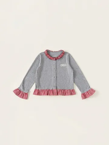 Dolce Maglietta a Maniche Lunghe in Maglia a Coste da Ragazza Grigia Con Finiture a Volant in Gingham Rosso Top Patchwork Slim