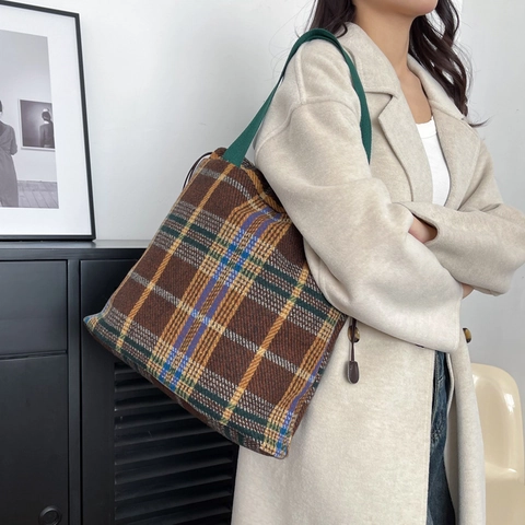 Borsa Tote Vintage a Quadri per Donna Lanosa Grande Capacità Borsa a Spalla Con Chiusura a Coulisse Retro Borsa a Mano