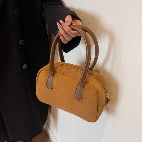 Borsa a Spalla da Donna in Pelle PU Retro Minimalista Texture Scamosciata Borsa Boston Crossbody Design di Nicchia Ferramenta Oro