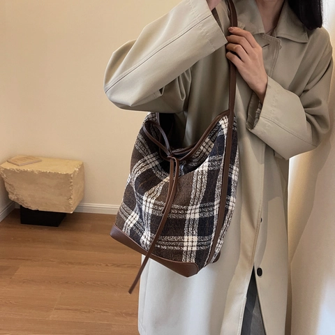 Bolso Tote de Lana a Cuadros Vintage para Mujer Gran Capacidad Bolso de Hombro de Tweed Ribete de Cuero Cordón Bolso Cubo
