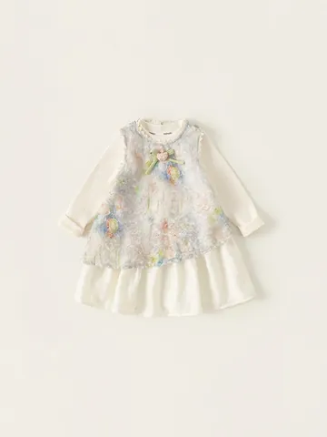 Süßes Mädchen Polyester Zweiteiler Outfit Blumen Ärmelloses Kleid Und Langarm Rippstrick Shirt Set Kinder Alltagskleidung