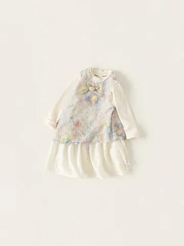 Süßes Mädchen Polyester Zweiteiler Outfit Blumen Ärmelloses Kleid Und Langarm Rippstrick Shirt Set Kinder Alltagskleidung