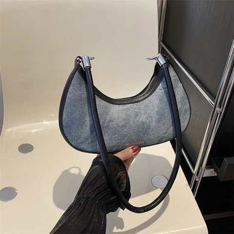 Bolso de Axila de Mezclilla de Moda para Mujer Minimalista Media Luna Bolso Hobo Con Ribete de Cuero Sintético Color Sólido