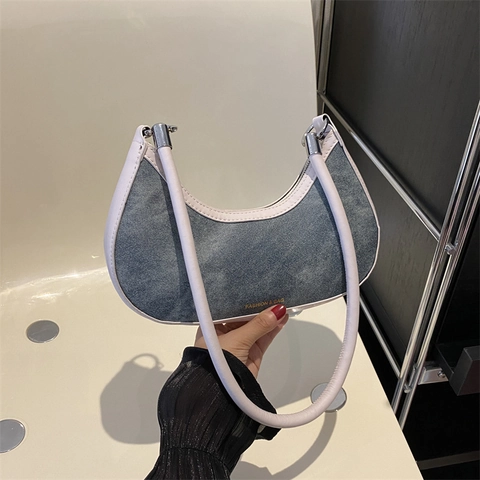 Bolso de Axila de Mezclilla de Moda para Mujer Minimalista Media Luna Bolso Hobo Con Ribete de Cuero Sintético Color Sólido