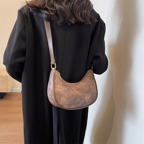Vintage PU Leder Halbmond Hobo Schultertasche Für Damen Retro Patchwork Nähte Umhängetasche Verstellbarer Riemen Handtasche