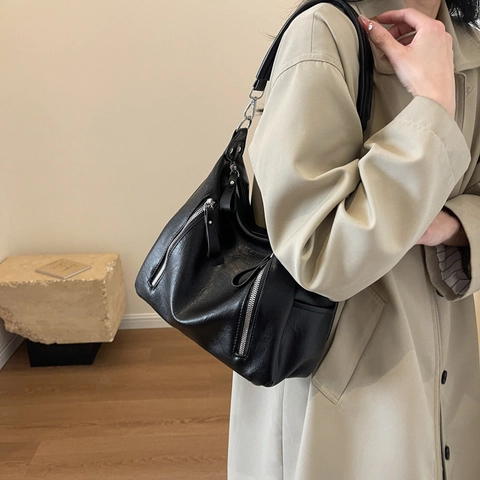 Damen Urban Minimalistisch PU Leder Hobo Schultertasche Große Kapazität Vintage Weiche Umhängetasche Reißverschluss Retro Tote