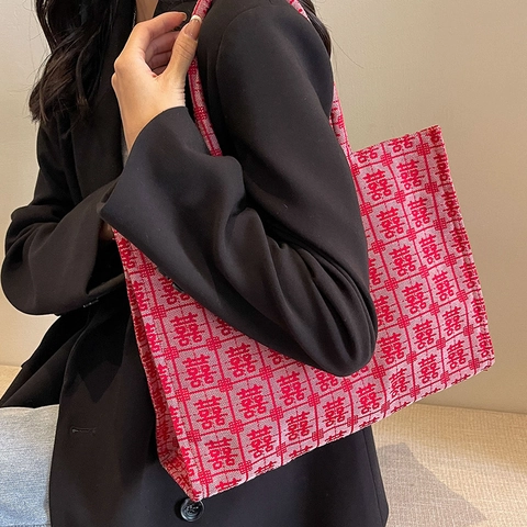 Große Kapazität Segeltuch Tragetasche Für Damen Traditionell Chinesisch Doppeltes Glück Jacquard Hochzeit Braut Geschenk Handtasche