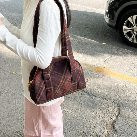 Vintage Wollen Schoudertas Voor Dames Minimalistisch Ontwerp Kleine Handtas Retro Ruitpatroon Crossbody Tas Winter Mode Accessoire