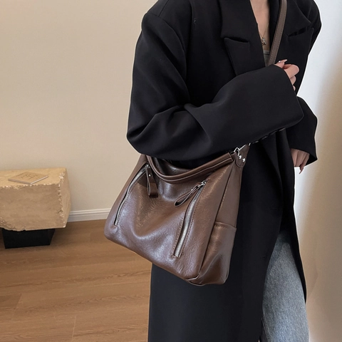 Damen Urban Minimalistisch PU Leder Hobo Schultertasche Große Kapazität Vintage Weiche Umhängetasche Reißverschluss Retro Tote