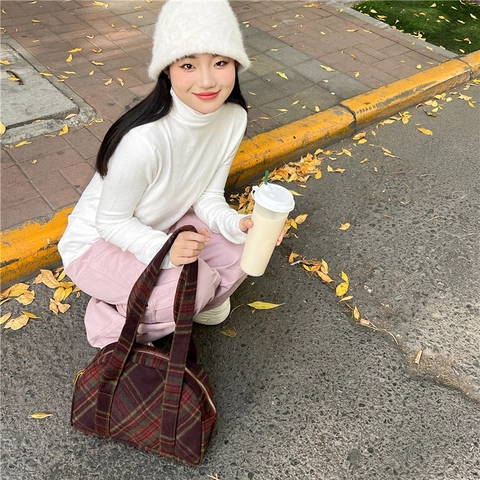 Vintage Wollen Schoudertas Voor Dames Minimalistisch Ontwerp Kleine Handtas Retro Ruitpatroon Crossbody Tas Winter Mode Accessoire
