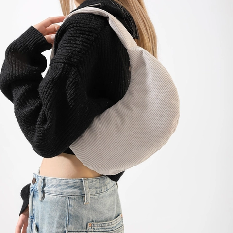Women Minimalist Corduroy Half Moon Underarm Bag Retro Casual Solid Color Shoulder Hobo Bag Large Capacity Zipper Handbag