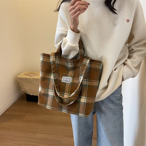 Borsa Tote Vintage a Quadri per Donna Borsa a Tracolla Grande Capacità Effetto Lana Motivo a Scacchiera Borsa a Mano