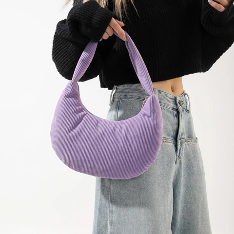 Women Minimalist Corduroy Half Moon Underarm Bag Retro Casual Solid Color Shoulder Hobo Bag Large Capacity Zipper Handbag