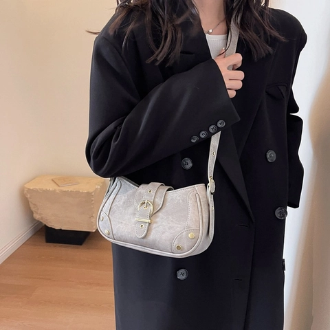 Borsa a Spalla in Pelle PU Retro per Donna Vintage Fibbia con Borchie Borsa a Tracolla Design di Nicchia Minimalista per Tutti i Giorni