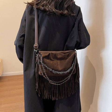Böhmische Fransen Umhängetasche Damen PU Leder Suede Look Quaste Handtasche Vintage Kette Crossbody Tasche Trendy Messenger Bag