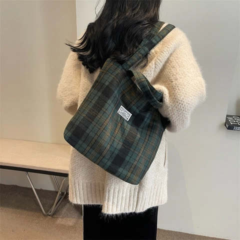 Borsa Tote Vintage a Quadri per Donna Borsa a Tracolla Grande Capacità Effetto Lana Motivo a Scacchiera Borsa a Mano