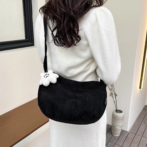 Borsa a Spalla Mezzaluna in Velluto a Coste Vintage da Donna Tracolla Regolabile Minimalista Con Pendente Carino Borsa Quotidiana