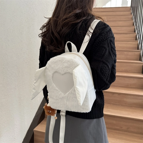 Süßer Plüsch Herz Flügel Rucksack Für Damen Weicher Kunstpelz Kleiner Tagesrucksack Süßes Hasenohren Design Lässige Umhängetasche