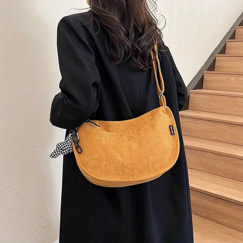 Borsa a Spalla Mezzaluna in Velluto a Coste Vintage da Donna Tracolla Regolabile Minimalista Con Pendente Carino Borsa Quotidiana