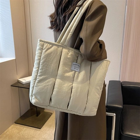 Bolso Tote Acolchado de Nailon para Mujer Gran Capacidad Bolso de Hombro Color Sólido Casual Invierno Bolso de Mano