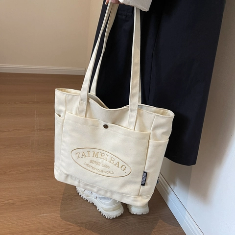 Dames Canvas Tote Tas Grote Capaciteit Schoudertas Met Meerdere Zakken Borduurwerk Letters Casual Handtas Voor Woon-werkverkeer