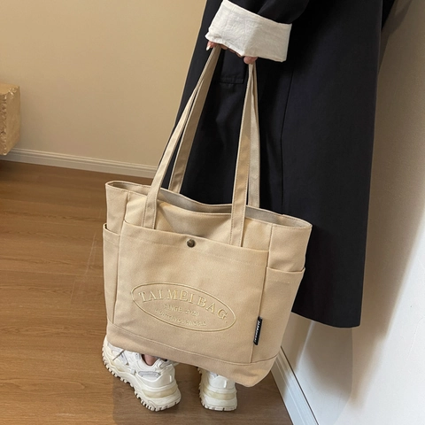 Dames Canvas Tote Tas Grote Capaciteit Schoudertas Met Meerdere Zakken Borduurwerk Letters Casual Handtas Voor Woon-werkverkeer